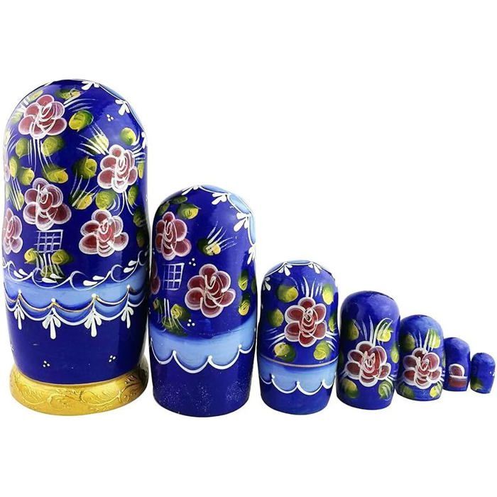 Poupées Russes Winterworm – Lot De 7 Matriochkas En Bois émaillé Bleu Doré, Conte Folklorique, Cadeau Collection
