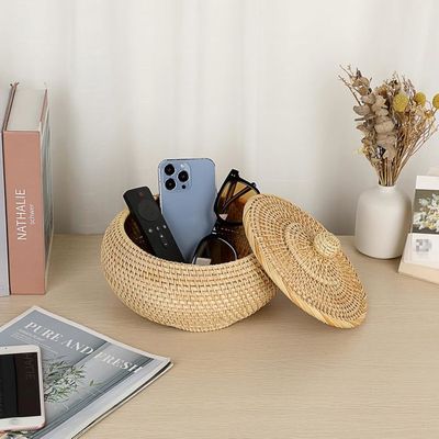 Exogio Panier Rotin Tissé Main Avec Couvercle – 14 X 8 Cm, Boîte à Pain, Rangement Fruits, Collations Ou Couture