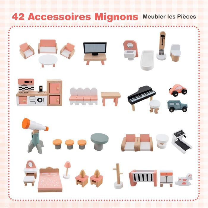 COSTWAY Maison de Poupée en Bois avec 7 Pièces & 32 Meubles, Maison de Rêve à 3 Étages avec Piano & Toit Rose, Design d'Angle, Jeu d'Imitation Princesse pour Enfants de 3-8 COSTWAY Maison de Poupée en Bois avec 7 Pièces & 32 Meubles, Maison de Rêve à 3 Étages avec Piano & Toit Rose, Design d'Angle, Jeu d'Imitation Princesse pour Enfants de 3-8
