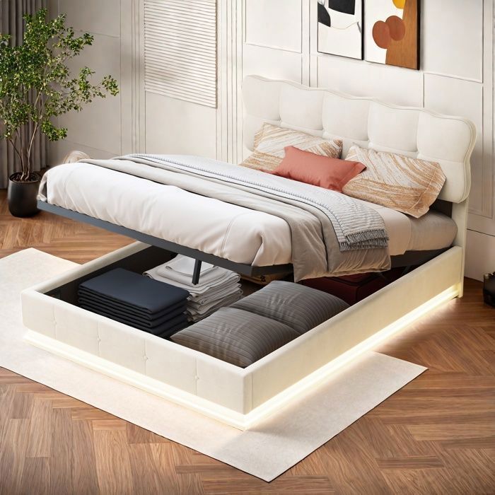 Lit Coffre Capitonné Velours 140x190 Cm - Rangement Hydraulique, Tête De Lit LED Et Prises USB - Beige