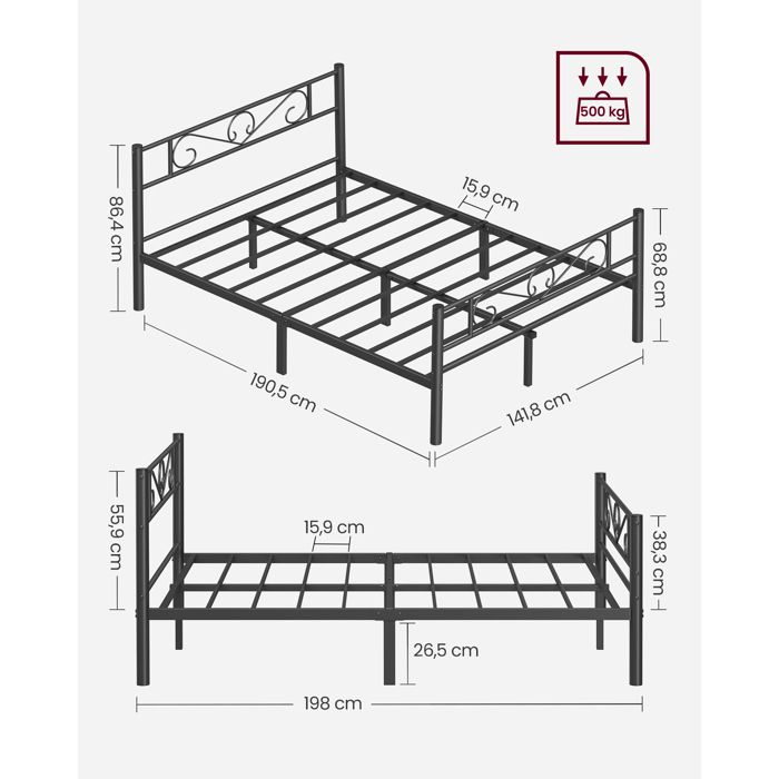 Lit Double VASAGLE Cadre Métal Avec Étagères - Tête De Lit - 190x140cm - Noir Classique