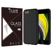 Tikawi Coque Iphone SE 2022 / 2020 Silicone Noir + Verre trempé Tikawi [Gel Souple] [Haute Protection] [Anti-Rayure] [Fine légère]