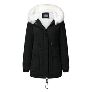 MANTEAU - CABAN Manteau épais capuche pour femmes veste longues coton Manteau polaire chaude avec capuche fausse fourrure automne hiver Noir