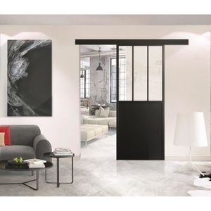 PORTE COULISSANTE OPTIMUM - Kit porte coulissante + rail + bandeau Atelier - H 204 x L 93 x P 4 cm - Noir verre transparent