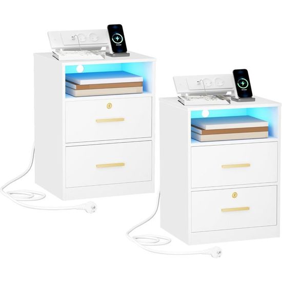 Tables De Chevet En Rotin Avec Multiprise – Lot De 2 – 2 Prises CA + 2 Ports USB – 3 Tiroirs – 40x35x60.5 Cm