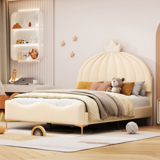 Lit Double 140x200 Avec Tête De Lit Velours Beige à Pétales - Cadre Rembourré, Sommier à Lattes Inclus - Design élégant