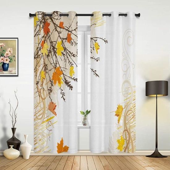 Rideau De Cuisine Demi-longueur Motif Feuille D'érable - 45x145 Cm, Semi-transparent