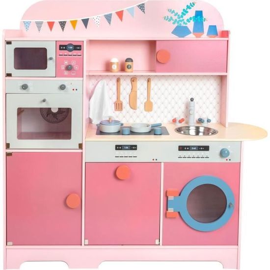 Cuisine En Bois Rose Crème Pour Enfants ROBOTIME - Avec Tablier, Gants, Four Et Accessoires De Rôle