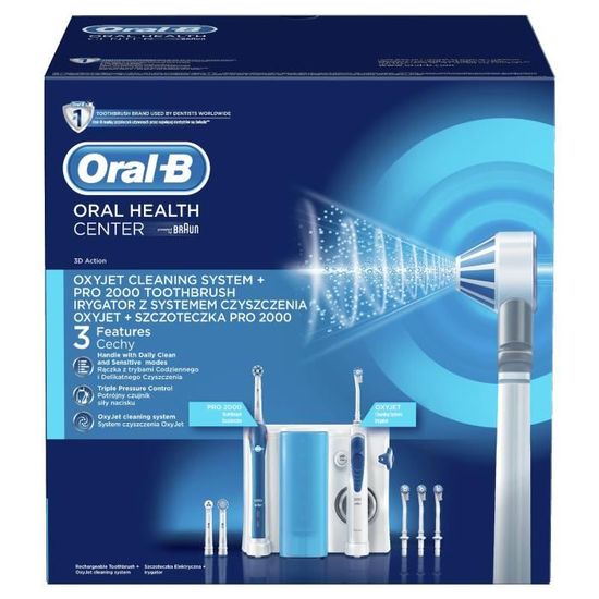 Oral-B Pro 2000+ Oxyjet Kit Brosse à Dent Electrique Rechargeable, 1 hydropulseur Oxyjet, 1 BAD, 4 canules Oxyjet, 3 brossettes