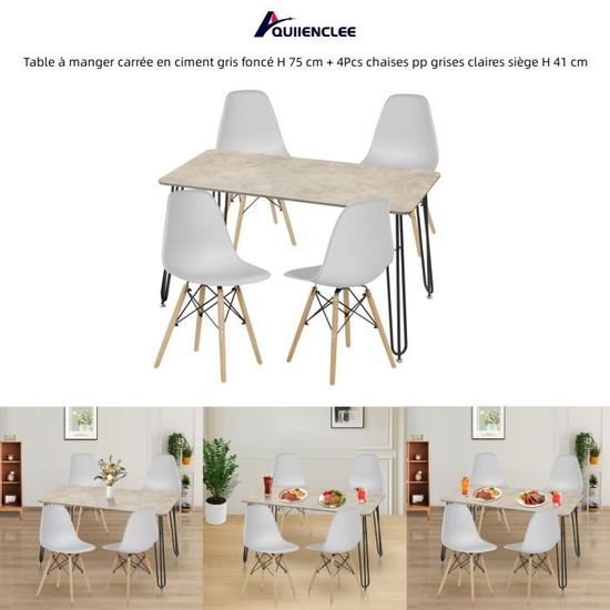 QUIIENCLEE Table à manger carrée en ciment gris foncé H 75 cm + 4Pcs chaises pp Grises claires siège H 41 cm