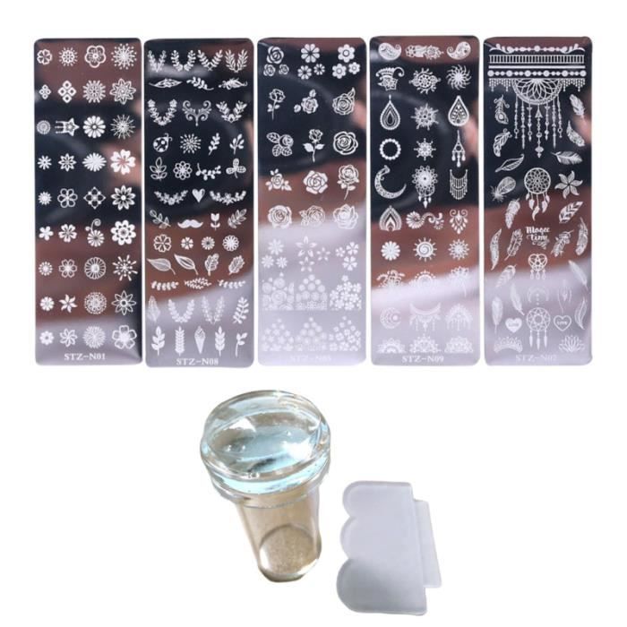7 pcs Nail Art Stamping Plate Diy Florals Pochoirs Modèles Kits Manucure Image Plaques Accessoires (5 + Joint Grattoir)