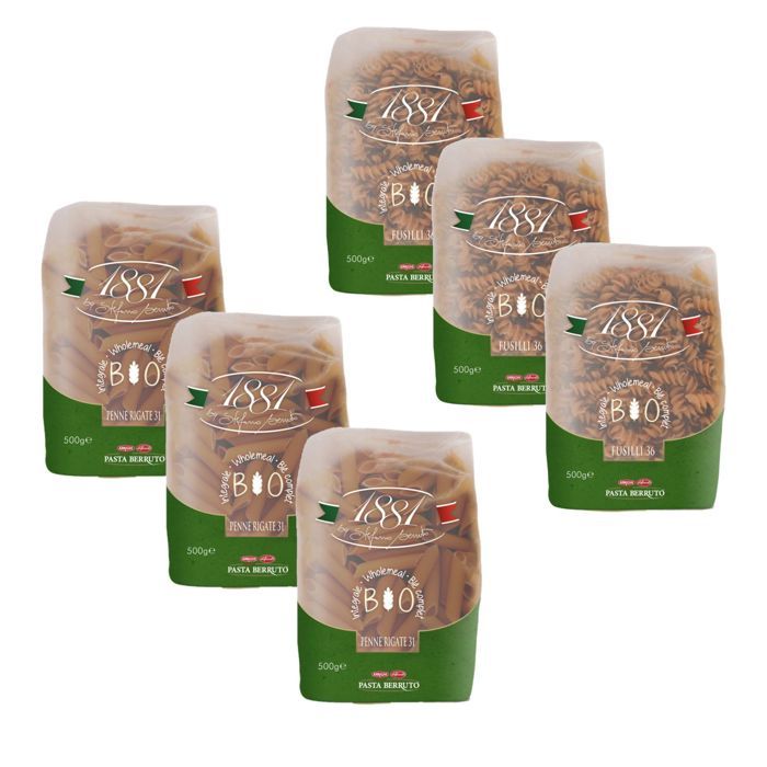Lot 6x500g - Pâtes Bio italienne blé complet Penne & Fusilli - 1881 Pasta Berruto