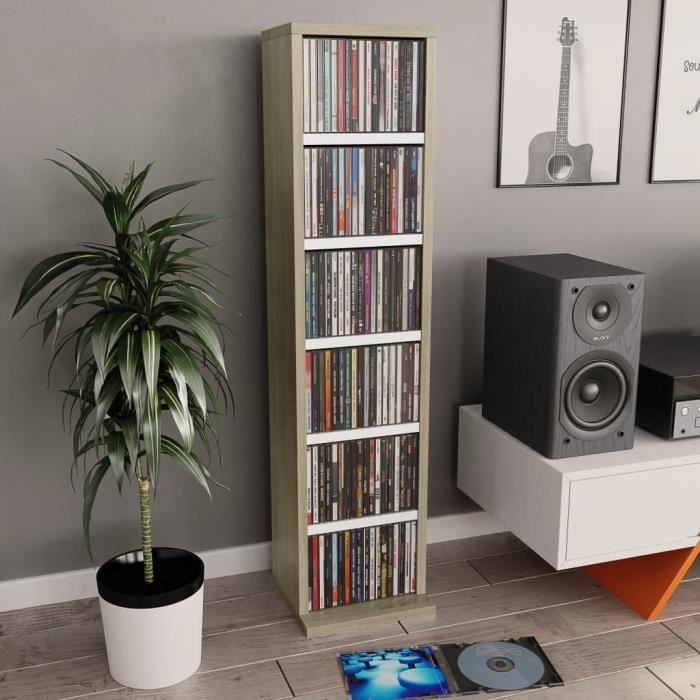 253•MONDAY Armoire à CD Qualité - meuble Étagère Étagères Colonnes DMEUBLE de rangement multimédia Blanc et chêne sonoma 21x20x88 cm