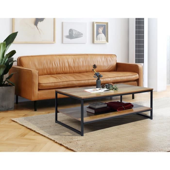 FURNISH1 Table Basse 2 Couches étagères en Panneau Bois Marron et Métal Peint Noir