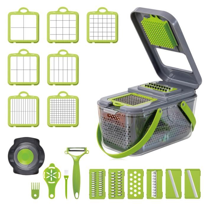 TD® Coupe-légumes intelligent multi fonctionnel blanc et vert - 9 en 1 Mandoline de Cuisine efficace déchiqueteuse râpe trancheuse