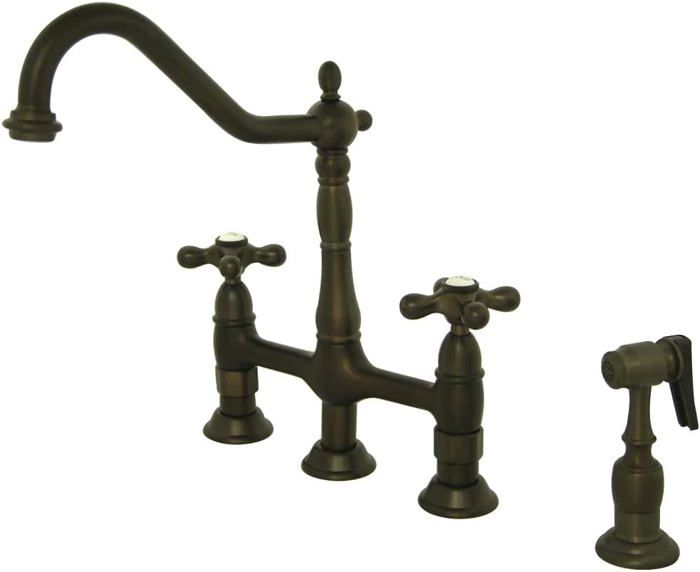 Robinet De Cuisine 2 Poignées 4 Trous Laiton - Pulvérisateur Latéral, Fini Nickel Brossé, 8 Pouces
