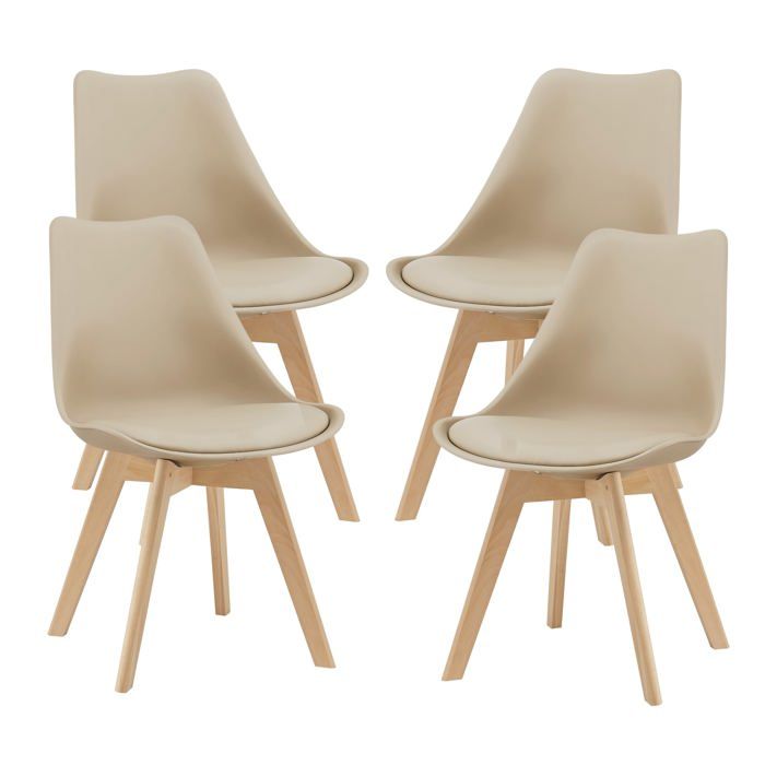 Chaises de salle à manger - Design Scandinave - Lot de 4 - Similicuir Beige - Pieds en Hêtre - Confortable Chaises de salle à manger - Design Scandinave - Lot de 4 - Similicuir Beige - Pieds en Hêtre - Confortable