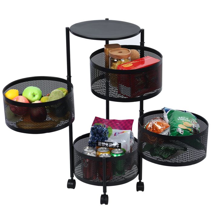 Chariot Rotatif 5 Niveaux Cuisine - Panier à Fruits Et Légumes Tournant 360° Avec Couvercle - Étagère De Rangement Carrée Noire Sur Roulettes Pour Cuisine, Salon Ou Chambre