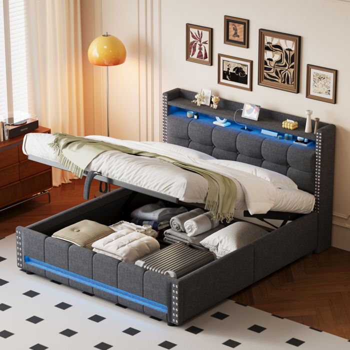 Structure de lit Nouveau Premium sense 160 * 200cm lit rembourré avec éclairage LED et prise USB tête de lit avec étagères et