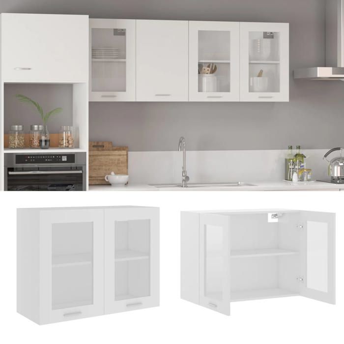 SALE 2025Armoire en verre suspendue - vitrine cuisine murale - Blanc 80x31x60 cm - bois dingénierie1995 Kg 3810
