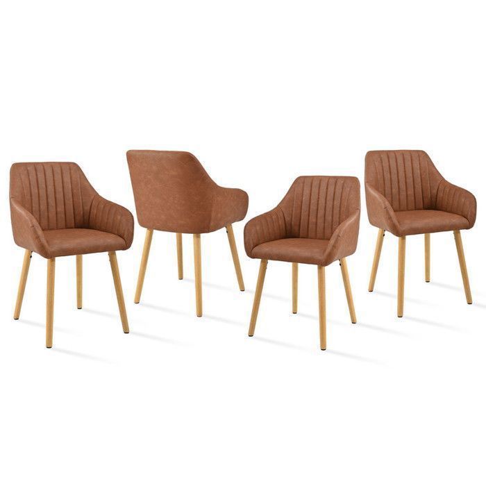 GOEURVANT Chaises de salle à manger minimalistes dossier confortable accoudoirs ergonomiques et pieds bois- Lot de 4 – Marron
