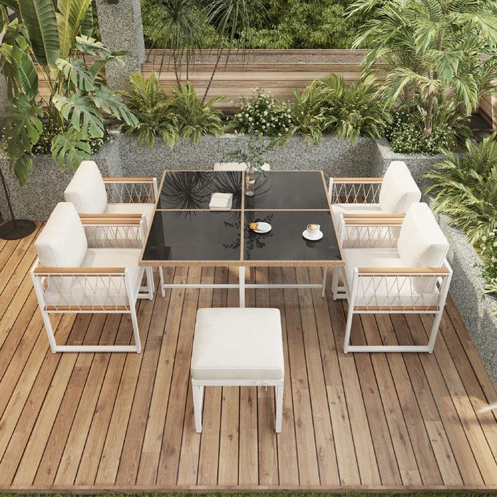 Ensemble de table et chaises dextérieur 6 personnes avec table en verre trempéSalon de jardin protection solaire avec coussin