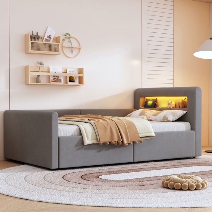 Lit enfant 90x200cm velours gris clair - LED veilleuse USB étagère rangement hydraulique - Garçon/fille - sans Matelas