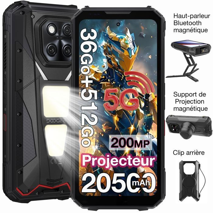 DOOGEE Vmax Play Smartphone Robuste Avec Projecteur 512 Go 20500mAh 200MP 6.78 1200LM IP68 5G Double SIM NFC GPS (Coffret cadeau)