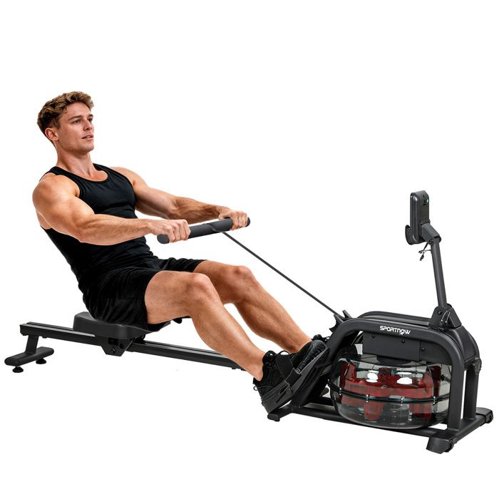 Rameur à eau - SPORTNOW - réservoir ajustable 6-11L - écran LCD support de tablette - assise large - acier - 170 x 46 x 77 cm - noir