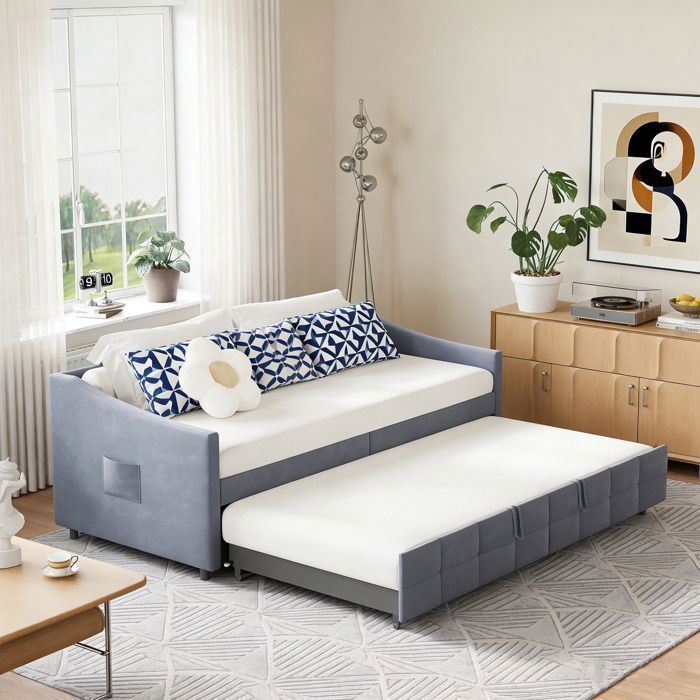 Lit gigogne 90x200 cm Canapé-lit extensible hydraulique 180x200 cm Bois et métal style scandinave Tissu Velours doux Gris