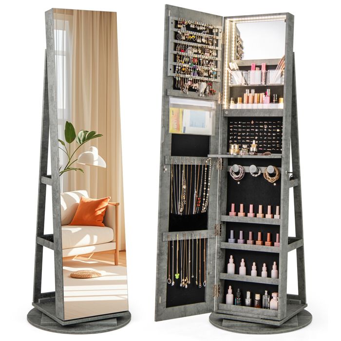 GOPLUS Armoire à Bijoux avec Miroir Pleine Longueur Rotative 360° Avec Lumière Led 3 Couleurs-Miroir de Maquillage Intérieur Gris