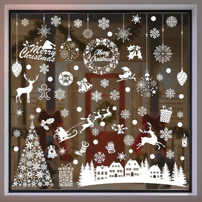 Lot De 2 Autocollants De Noël Pour Fenêtre - Motifs Boules Et Flocons, 90x29 Cm, PVC Résistant