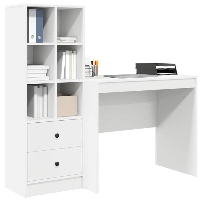 Bureau avec rangement - vidaXL - Blanc - Bois dingénierie - 90x50x76 cm - Avec tiroir - 6 étagères - Usage intérieur Bureau avec rangement - vidaXL - Blanc - Bois dingénierie - 90x50x76 cm - Avec tiroir - 6 étagères - Usage intérieur