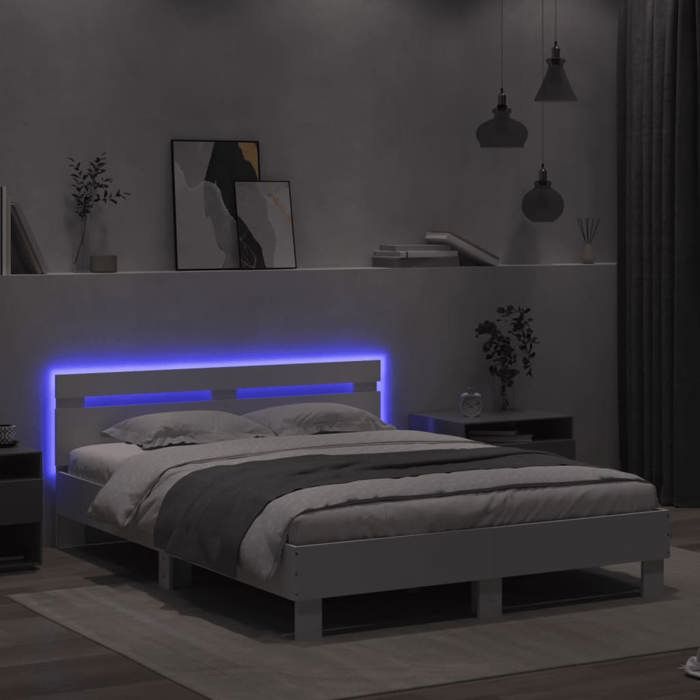 Structure de lit avec LED - UU - Blanc - 140x190 cm - Bois dingénierie - Lattes en contreplaqué - LED RVB
