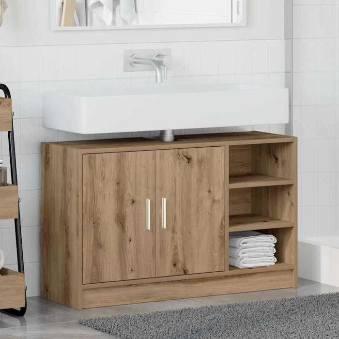 Meuble de salle de bain en bois - WIENS - Chêne artisanal - 90x29x55 cm - 3 étagères - 2 portes - Bois dingénierie