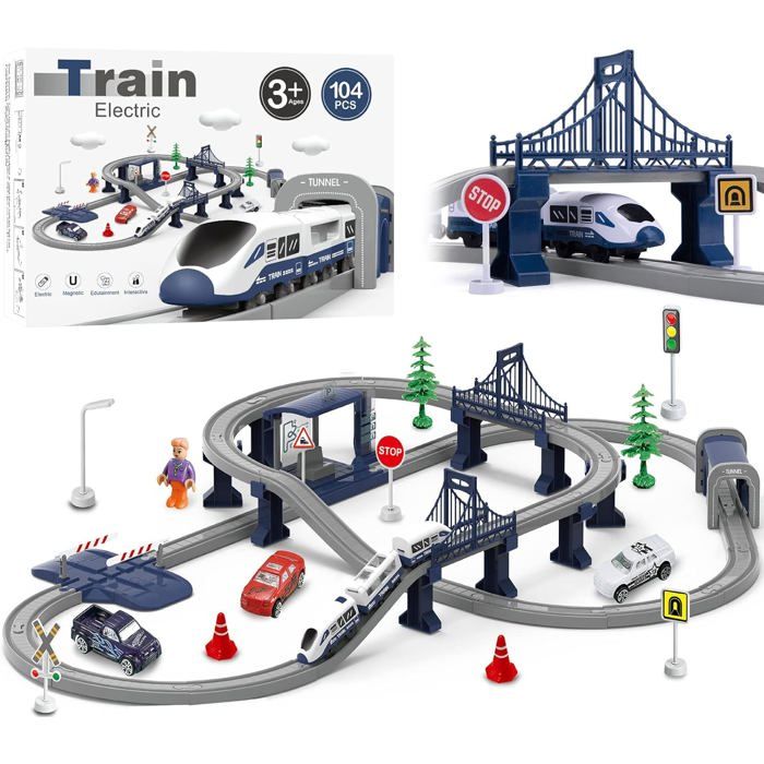 Train électrique 92 Pièces Avec Feu De Circulation – Circuits Et Véhicules De Construction – Cadeau Pour Enfants 3-7 Ans