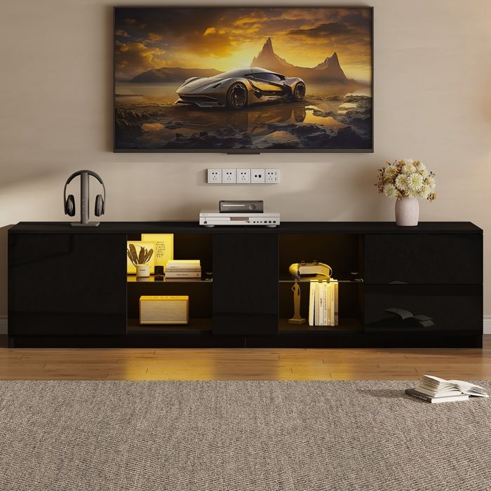 Meuble TV haute brillance Meuble Télé avec éclairage LED 2 Tiroirs et 1 Porte Pour Télévision Jusquà 65 Pouces 160x40x52cm Noir