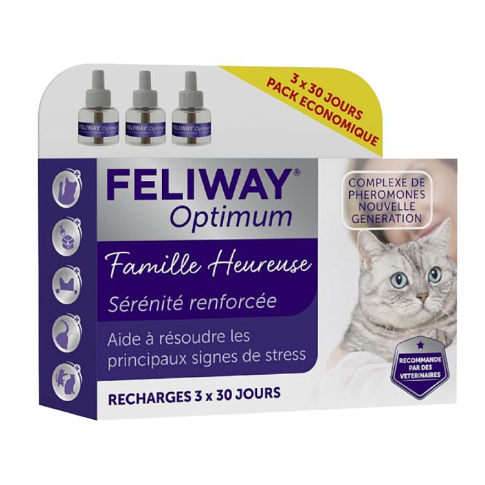Meilleurs prix pour FELIWAY Optimum - Anti-Stress pour Chat - Complexe de phéromones apaisantes - Pack économique 3 recharges (3x30 Jours)