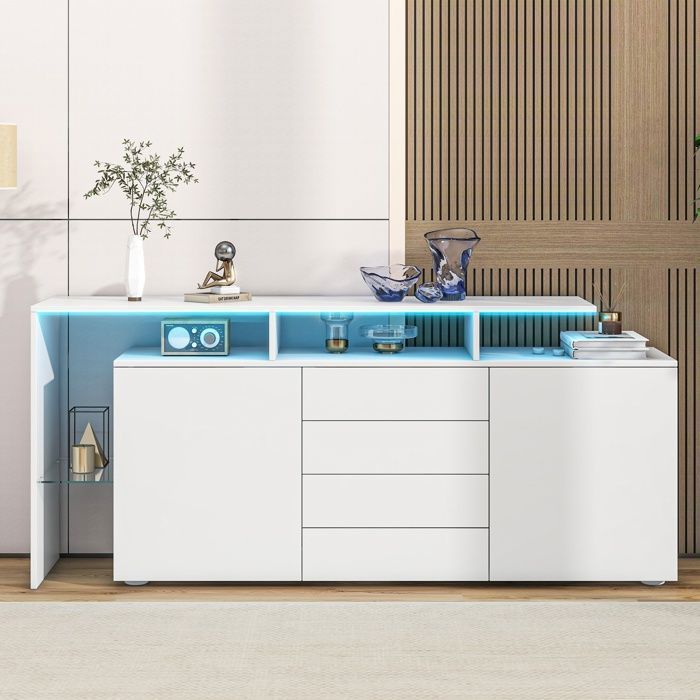 Buffet avec éclairage LED Meuble de salon laqué brillant Armoire haute 160×35×70cm 4 tiroirs et 2 portes Panneau de particules blanc