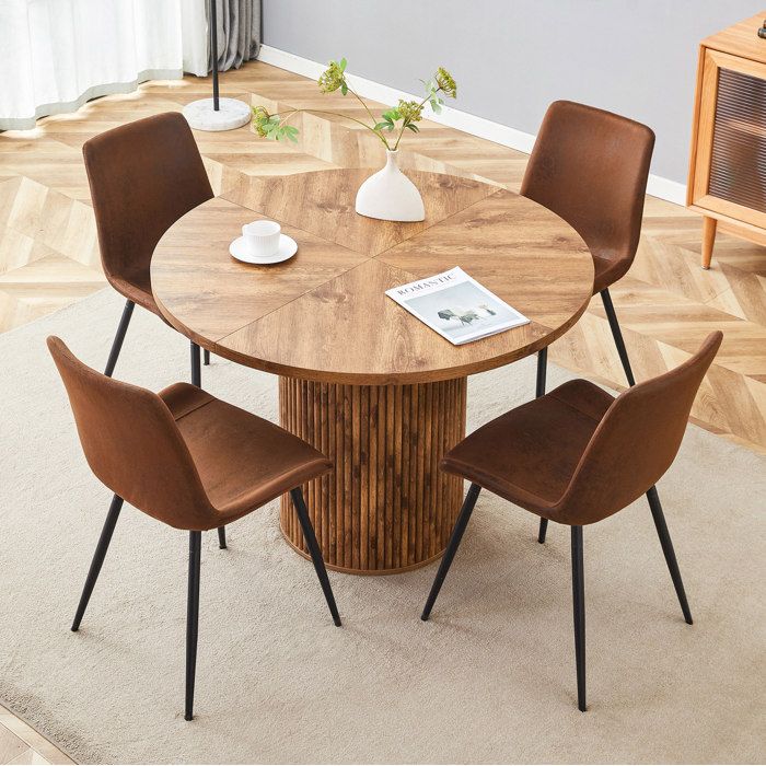 MEUBLIV Table à manger ronde avec 4 chaises en tissu 100x100x76 cm MDF marron