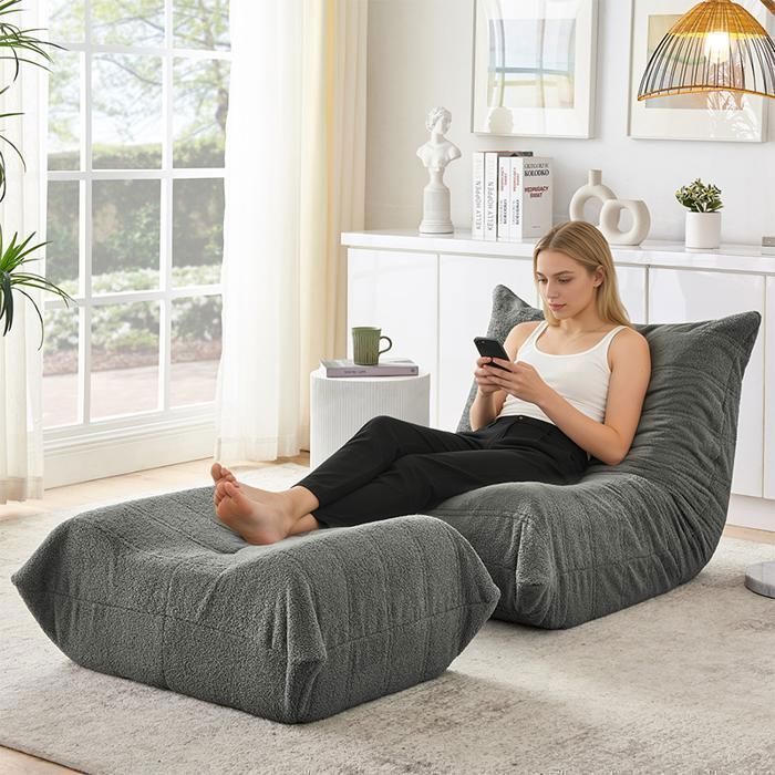 Fauteuil de sol avec repose-pieds Canapé lounge Teddy gris Assise basse en mousse haute densité Relax pour salon chambre