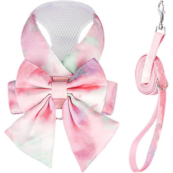 Ensemble harnais et laisse pour chien - MHY® - Nœud papillon - Dégradé arc-en-ciel - Maille douce - Sans traction - XS