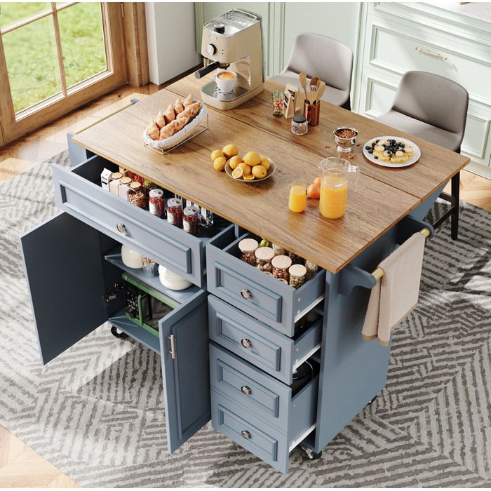 Desserte de cuisine avec table de bar. étagères réglables. 4 tiroirs. 2 portes. 110×45/75×92cm. MDF. bleu clair