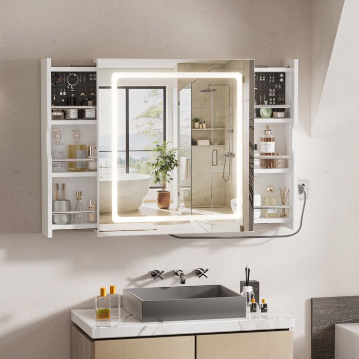 Meuble miroir LED salle de bain 60x16x65cm - Anti-buée -- Capteur gestuel - Éclairage réglable - 3 étagères coulissantes - Blanc