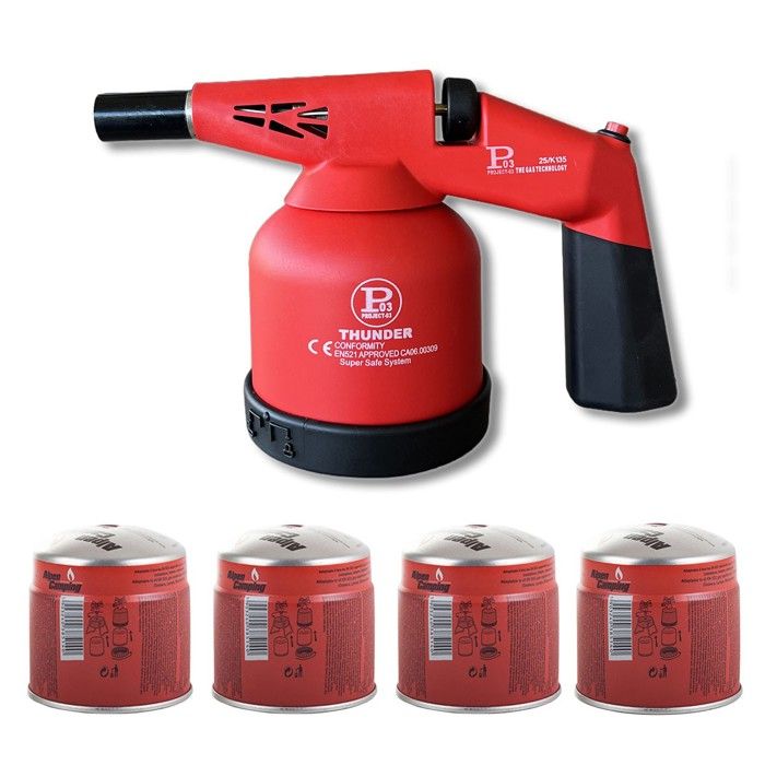 Lampe à souder à gaz 1760W + 4 Cartouches gaz Utilisation à 360°- Chalumeau à gaz Allumage électronique à batterie PROWELTEK