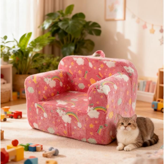 Fauteuil enfant déhoussable avec accoudoirs et poignée de transport - TCQPZ - Tissu doux mousse rose 64 × 49 × 49 cm