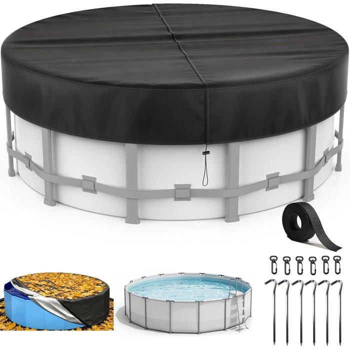Bache Piscine Ø 365 pour Bassins 320-363cm Couverture Piscine avec Cordon Serrage et Ancrages Terrestres Bâche Protection