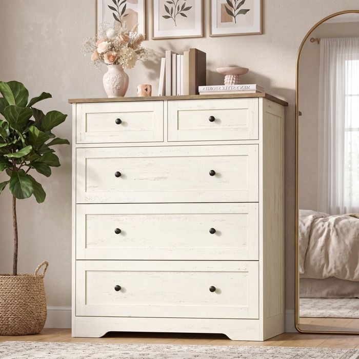 Commode de Chambre Meuble Polyvalent Chambre Style Cottage 5 Tiroirs 40 x 80 x 936 cm Blanc et Marron Commode de Chambre Meuble Polyvalent Chambre Style Cottage 5 Tiroirs 40 x 80 x 936 cm Blanc et Marron