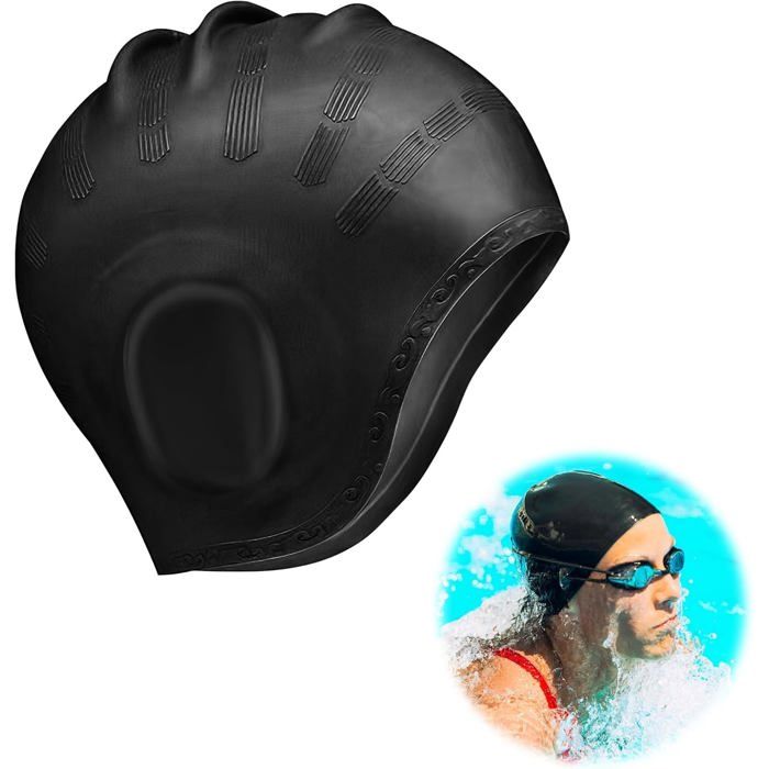Bonnet De Bain 3D Avec Protection Oreilles – Silicone étanche – Lot De 2 – Noir Et Rose – Pour Femme, Homme, Enfant