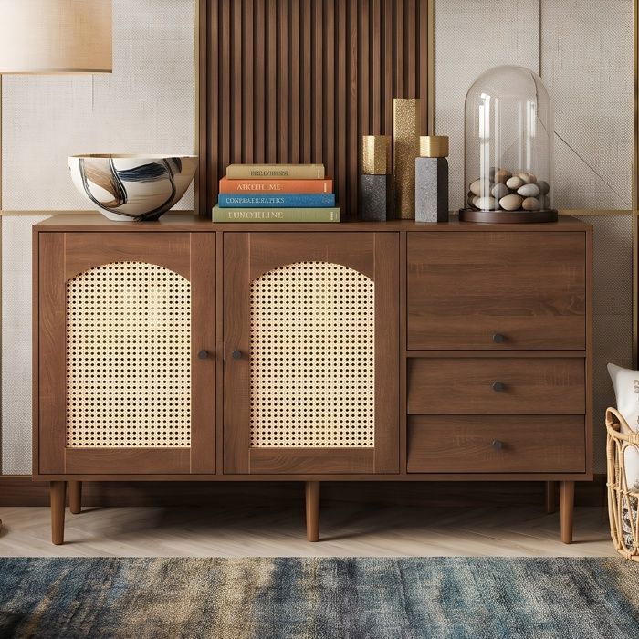 Buffet Sideboard 130x40x75.5cm avec 2 Portes en Rotin Tissé  Commode Campagne à Tiroirs Biseautés  Meuble Cuisine et Salon Chic